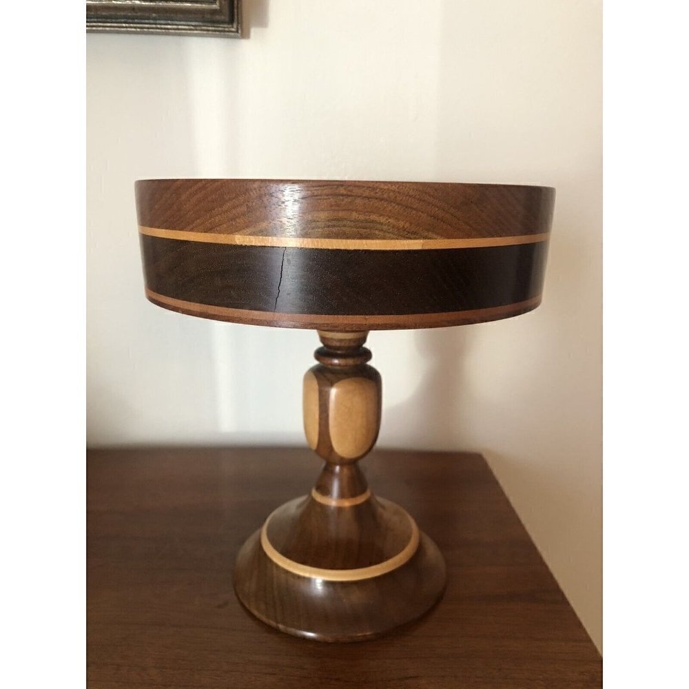 Inlaid Wood Fruit Nut Bowl Pedestal Stand Decorative Amish Horse Buggy